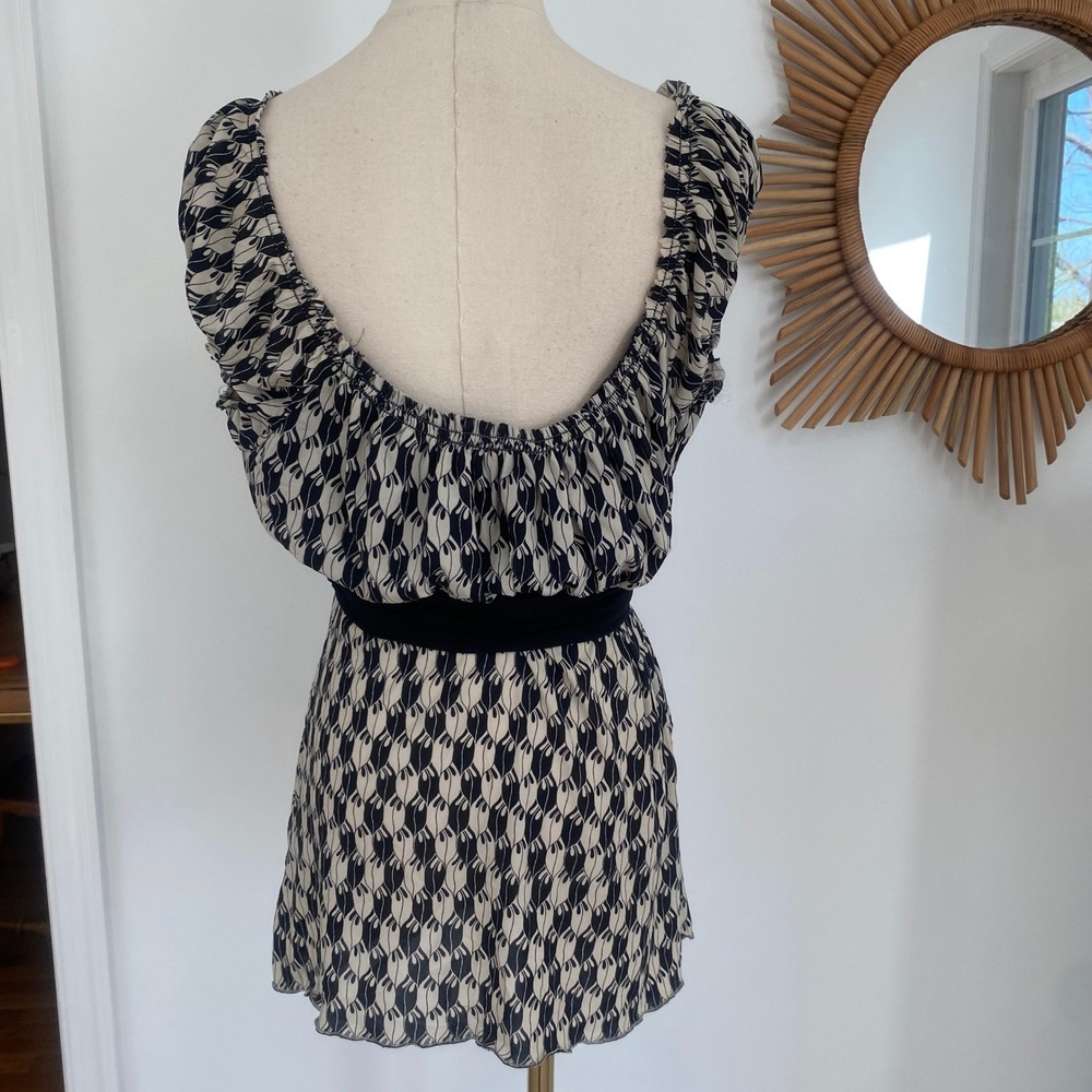 Vintage Y2K Boatneck Max Studio Petite Blouse Cream Black Pattern Office Siren - Picture 4 of 12